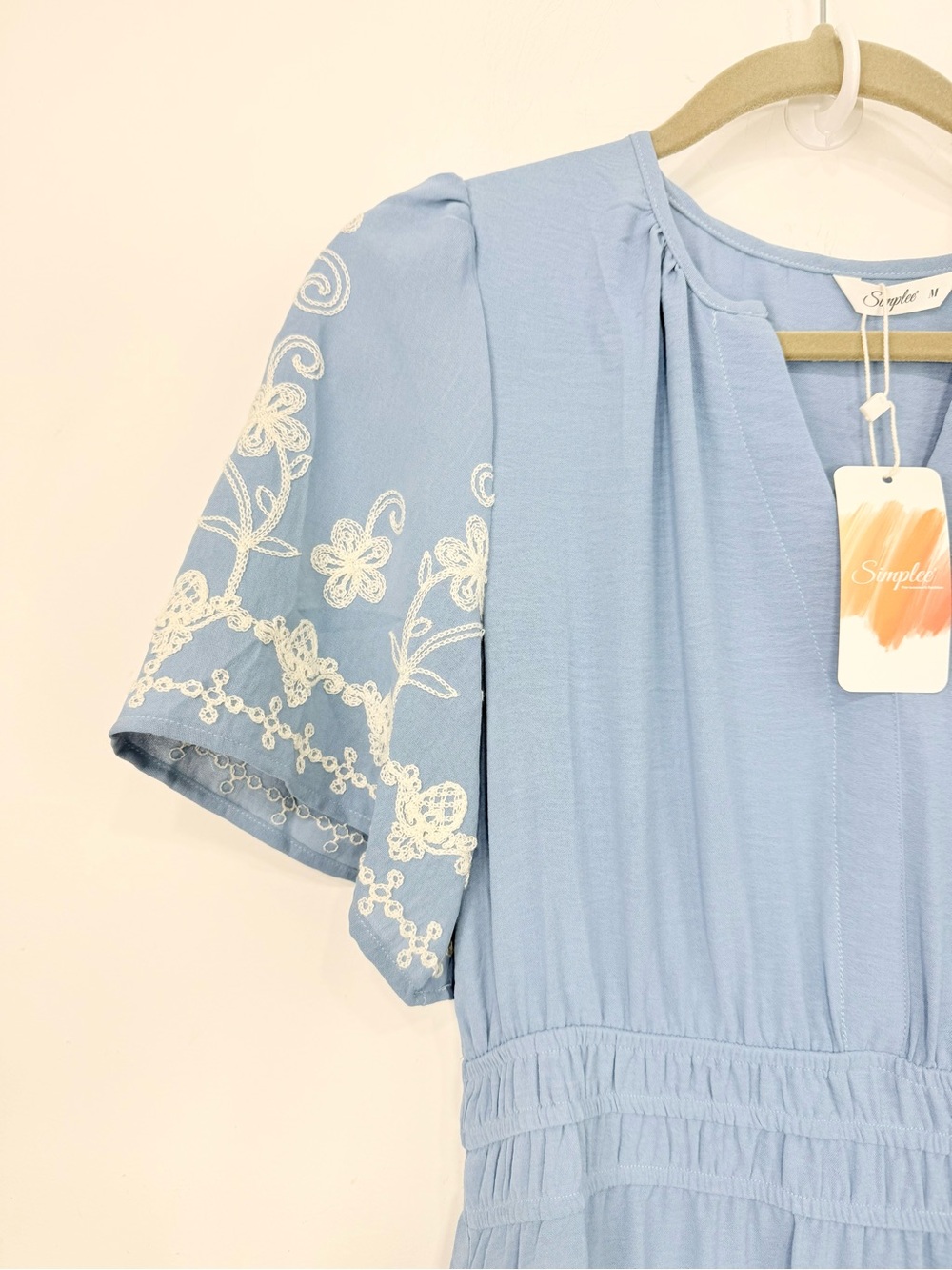 Simplee Blue White Floral Embroidery V Neck Smock Waist Short Sleeve Maxi Dress - Picture 2 of 13